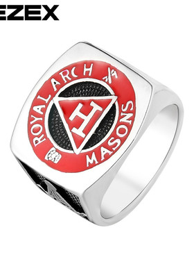 R0338-NK01  个性复古新款三角红色共济会男士钛钢戒指
