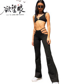 蹦迪直播女裤 网红主播夜店排队DS露腰露胯裤 性感镂空低腰显瘦长裤