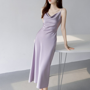 缎面超漂亮绝美紫色裙子吊带连衣裙女2024年夏季新款无袖惊艳