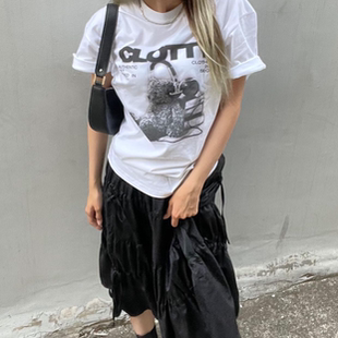 黑白印花圆领纯棉宽松短袖 韩系小众街头T恤女夏 落寞比熊夏季 晚睡