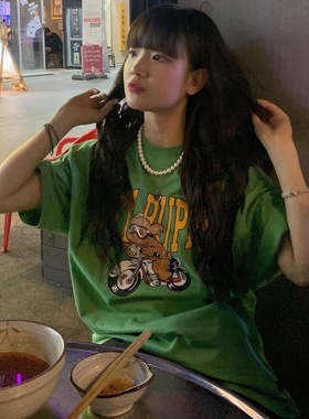 晚睡/机车熊熊夏季深绿色印花短袖纯棉百搭创意款T恤显白情侣款女