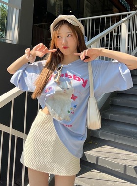 晚睡/淡蓝色系鲜花猫咪纯妹夏日单品T恤女夏宽松圆领穿棉百搭短袖