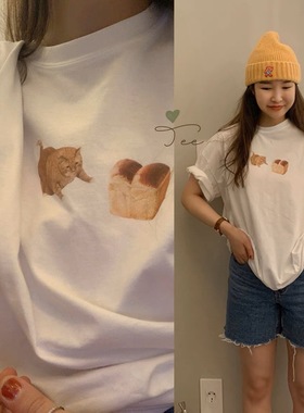 晚睡/胖橘面包又来啦可爱夏季猫咪印花纯棉圆领短袖T恤女百搭简约