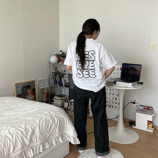 晚睡/英文字母yes前后印花夏季圆领白色纯棉短袖女百搭宽松款T恤