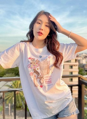 晚睡/幼崽可爱猫咪粉色动物印花夏季圆领短袖T恤女百搭卡通款夏季
