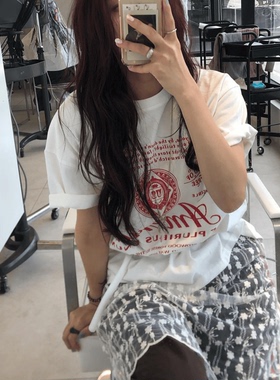 ODD/红色旧报夏季宽松chic风纯棉短袖百搭加厚纯棉街头套头上衣女