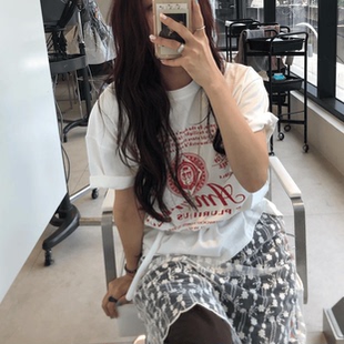 ODD/红色旧报夏季宽松chic风纯棉短袖百搭加厚纯棉街头套头上衣女