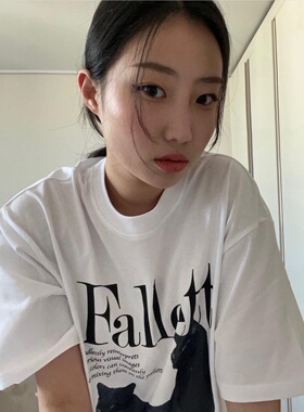 晚睡/ODDRDCHS小众韩版字母猫咪短袖女百搭夏季圆领情侣款T恤女夏