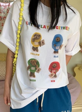 晚睡/卡通彩色m豆夏季圆领可爱熊熊印花短袖女情侣韩系搞怪卡通T