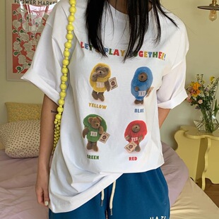 晚睡/卡通彩色m豆夏季圆领可爱熊熊印花短袖女情侣韩系搞怪卡通T