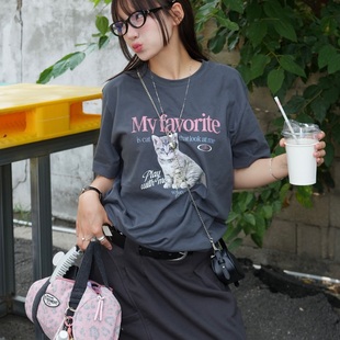 ODD T恤女学院风百搭上衣 美式 趣味猫咪卡通印花圆领宽松纯棉短袖