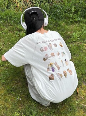 晚睡/后背满幅小猫咪夏季白色圆领短袖女可爱印花纯棉T恤百搭女夏