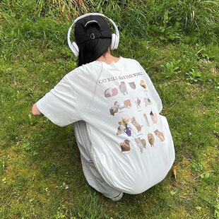 白色圆领短袖 女可爱印花纯棉T恤百搭女夏 后背满幅小猫咪夏季 晚睡