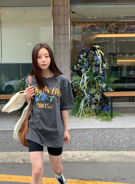 晚睡/枷锁浪漫蓝玫瑰复古夏季宽松半袖纯棉短袖百搭t恤女小众街头