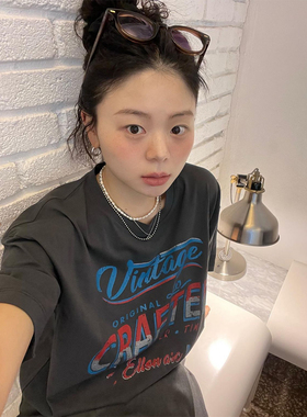 晚睡/超爱的烟灰色韩系街头简约T恤女夏情侣款小众纯棉印花短袖新