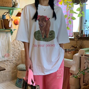 晚睡/牛牛也爱蝴蝶结可爱简约圆领夏季短袖女创意夏季新款韩系ins