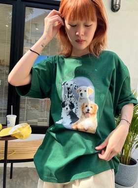 晚睡/狗子又来啦之墨绿色夏季圆领短袖数码印花显白小众T恤女夏新