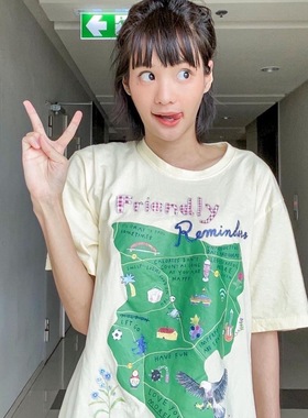 晚睡/奶黄绿色地图板块加厚夏季短袖女韩系简约ins小众款T恤女夏
