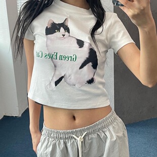 晚睡/可爱斑点猫咪子夏季圆领短款印花短袖百搭韩系修身露脐显瘦T