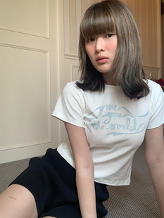 T恤女短袖 晚睡 正肩短款 浅浅蓝色涂鸦夏季 上衣 显瘦露脐甜辣妹修身