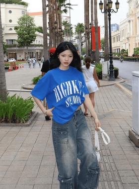 ODD/美式复古深蓝色显白夏季情侣短袖女百搭纯棉加厚T恤女重磅ins