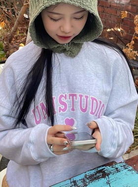 蜜桃酱/淡紫色爱心甜妹系列花灰色春秋宽松毛圈款百搭显瘦学院风