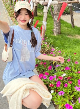 晚睡/超夏天淡蓝色可爱白色猫咪纯棉圆领夏季短袖女可爱萌妹T恤女