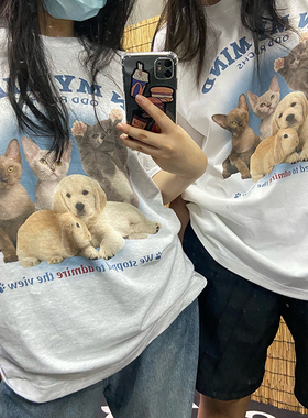 ODD/蓝色猫咪狗兔夏季圆领四色宽松纯棉短袖韩系小众原创T恤女夏