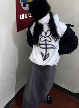 晚睡/送你一朵小花白色连帽春秋毛圈卫衣女宽松百搭简约校园风女