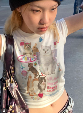 晚睡/可爱幼崽猫咪夏季露脐短款T恤女小众修身紧身短袖打底新百搭