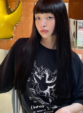 晚睡/鸟儿爱自由啦夏季黑色百搭印花短袖圆领纯棉宽松T恤女夏情侣