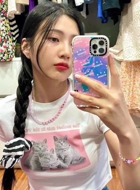 晚睡/朴秀荣同款白色露脐短装百搭韩系猫咪印花甜辣夏季可爱T恤女
