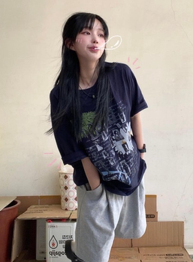 晚睡/藏在藏青里的夏日菊花百搭韩系小众短袖情侣宽松加厚重磅T恤