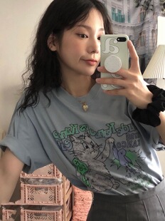 晚睡 泫雅风小鸟印花夏季 圆领短袖 小众韩系ins风T恤女夏 雾霾蓝