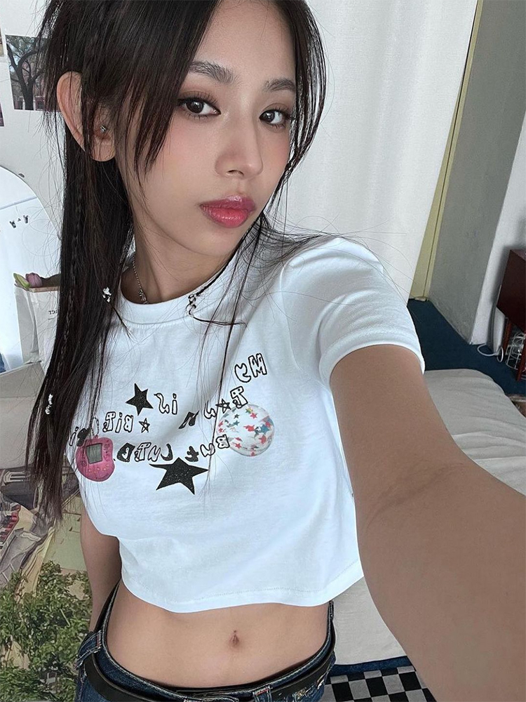 短款短袖T恤甜酷辣妹露脐修身棉