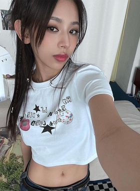 晚睡/童趣芭比泡泡系列夏季甜酷辣妹露脐短袖修身正肩小短款T恤女