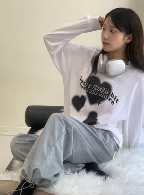 晚睡/黑色爱心春秋螺口打底衫百搭韩系简约情侣T恤卫衣内搭小众女