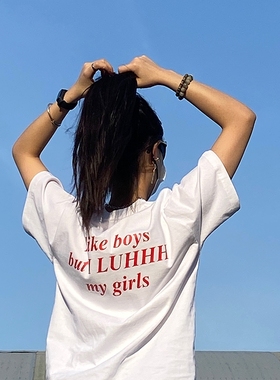 晚睡/后背红色印花绝绝子夏季心机短袖纯棉宽松韩系自制T恤女上衣