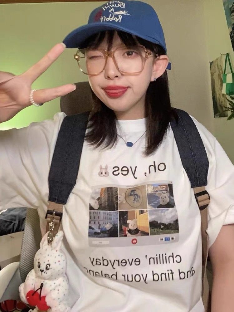 晚睡/兔兔的第一人称可爱夏季印花圆领短袖百搭宽松纯棉t恤女夏新