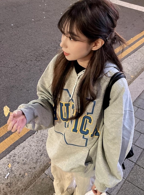 晚睡/满格字母bf风灰色连帽印花卫衣女慵懒情侣加绒秋冬ins韩系新