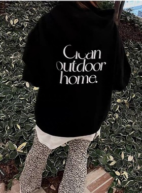 晚睡/后背印花不简单连帽黑色加绒秋冬卫衣女韩系显瘦宽松款女冬