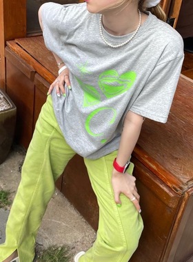 晚睡/绿色爱心亮晶晶夏季百搭灰色短袖女韩系简约宽松自制T恤女夏