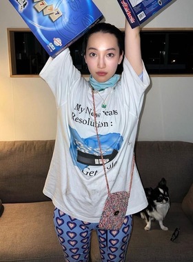 晚睡/清凉一夏蓝色数码印花之我的新年愿望纯棉圆领短袖小众T恤女