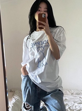 晚睡/狗子简笔画蓝色字母印花夏季情侣款纯棉短袖百搭insT恤女夏