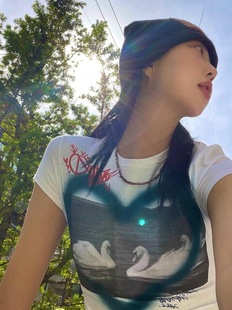 天鹅戏水影夏季 短款 晚睡 圆领修身 辣妹创意 T恤百搭韩系修身 露脐款