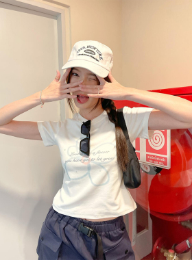 晚睡/星星花朵夏季甜辣妹露脐修身正肩短款T恤女圆领百搭小众短袖