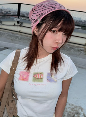 ODD/小众设计感幻彩花朵减龄甜美正肩修身显瘦夏季白色短袖T恤女