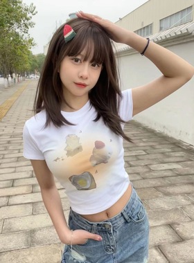晚睡/短款夏季早餐蛋糕夏季修身露脐短装T恤女可爱夏季百搭显瘦女
