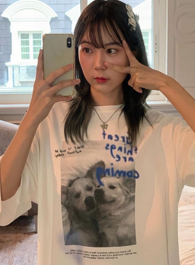 晚睡/亲昵小狗蓝色字母印花短袖百搭动物纯棉T恤女夏ins小众新款