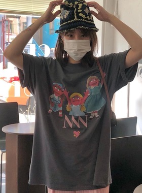 晚睡/动画片来啦超可爱卡通印花夏季烟灰显白色宽松韩系短袖T恤女